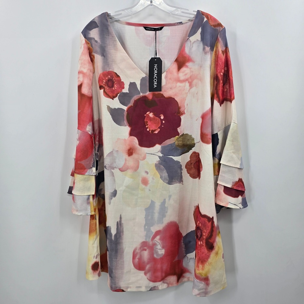 NEW Noracora Tunic/Dress Women M Floral V-Neck Tiered Ruffle Bell Sleeve